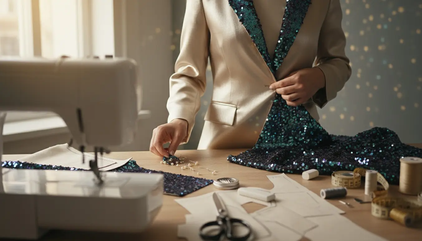 Let blazer på sybuste med palietstof og syværktøj klar til en disco-fest.