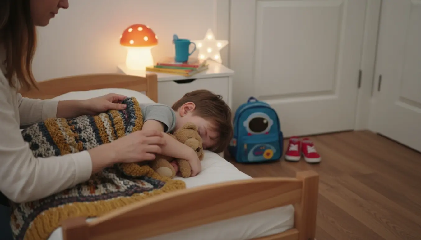 En voksen putter en genert femårig dreng i seng i et hyggeligt børneværelse.