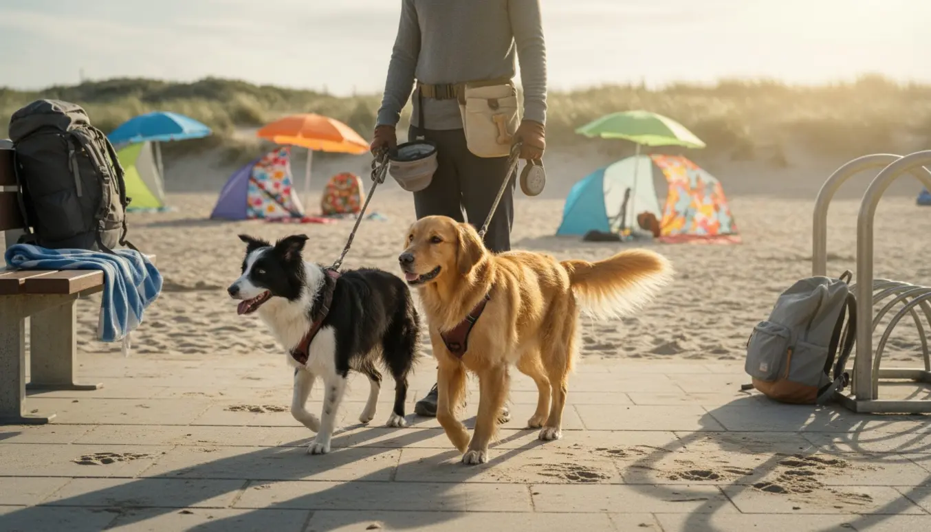 To hunde i snor på en solrig eftermiddagstur langs kysten med ejeren set bagfra.