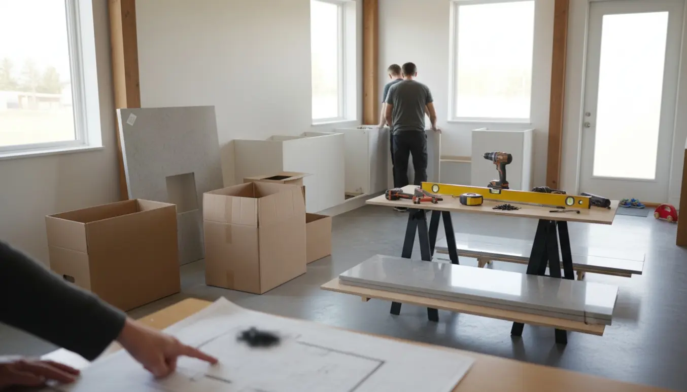 Delvist monteret nyt køkken med håndværkere, værktøj og et barns sko i døråbningen.