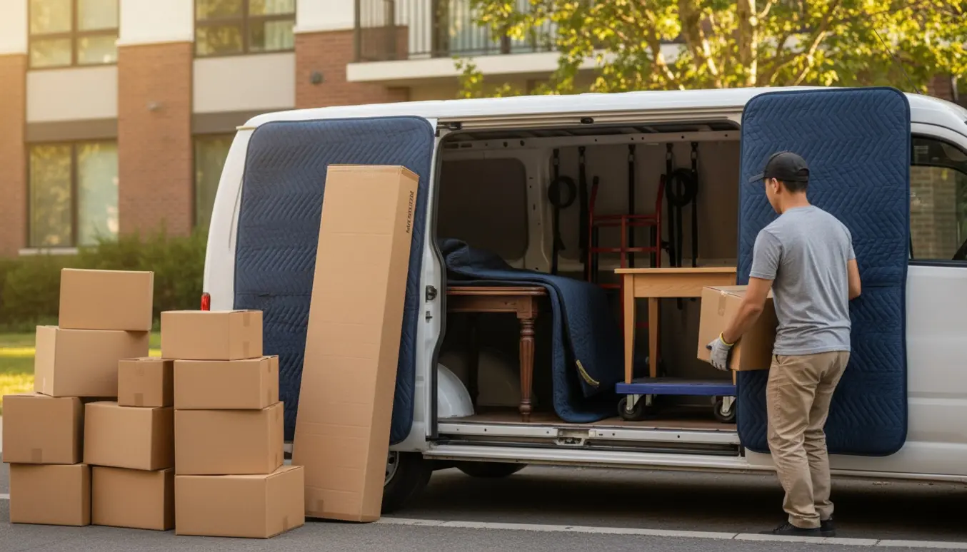 En flyttemand læsser en boxmadras, et spisebord, et skrivebord og femten kasser ind i en varevogn.