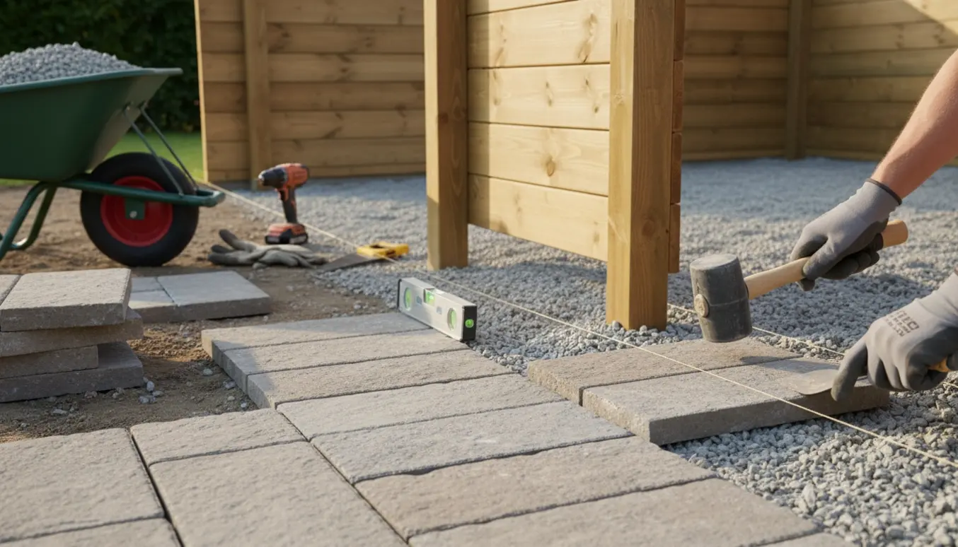 Hænder lægger fliser på en lille terrasse ved siden af stolper og et delvist opsat raftehegn.