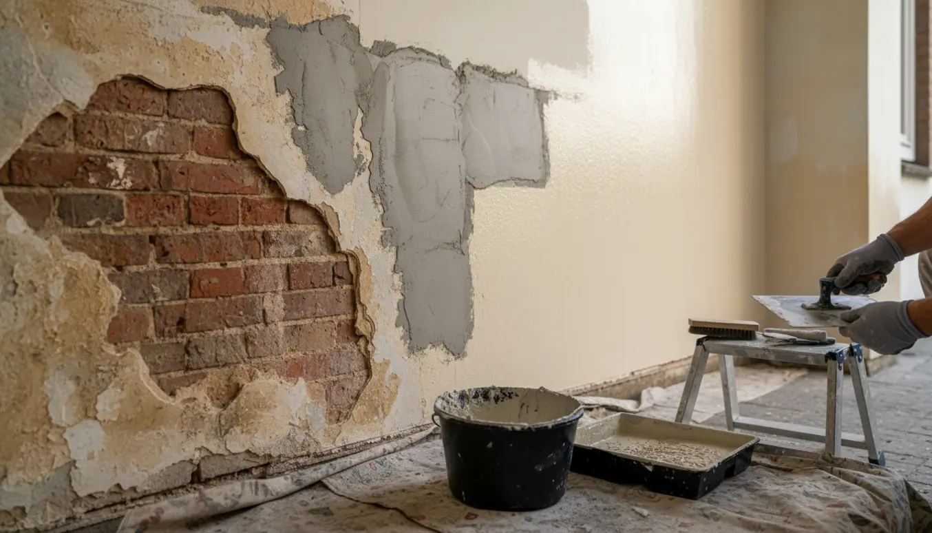 Arbejder reparerer fugtskader og maler væggen i en ejendoms portgang.