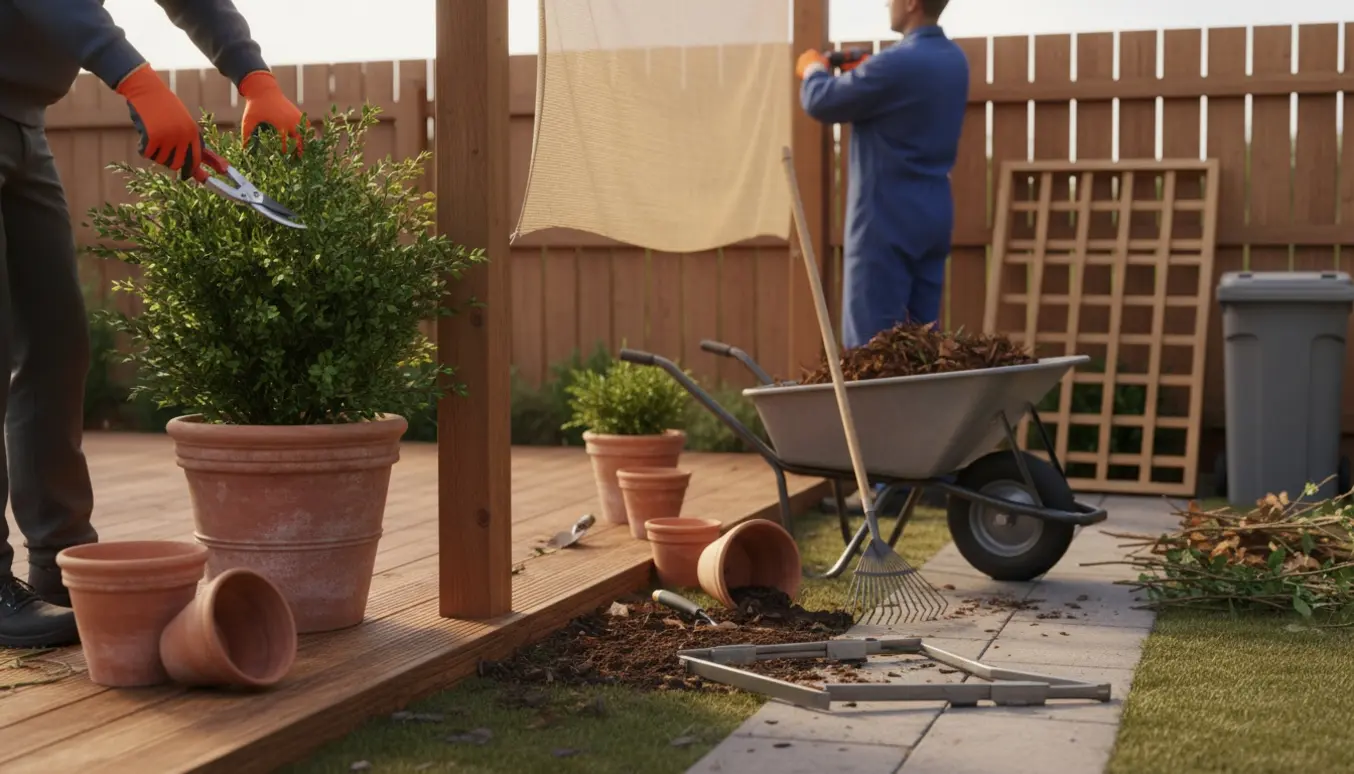 Haven ryddes med beskæring, tømning af krukker og opsætning af læhegn ved terrassen.