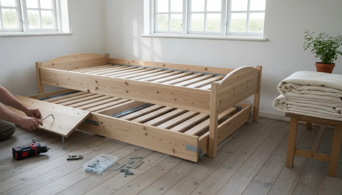 Delvist samlet daybed i massivt fyrretræ med udtræk i et lyst anneks ved et sommerhus på Møn.