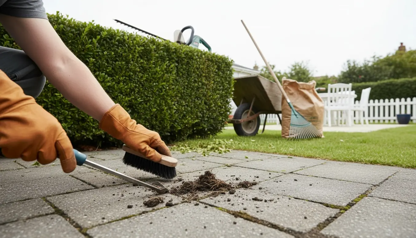 Hækkeklipning og fjernelse af affald og ukrudt mellem fliser med handværktøj og trillebør.