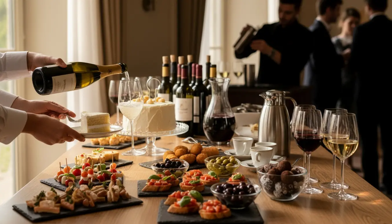 Buffet med champagne, tapas, vin, kaffe og chokolade på et soloplyst træbord, hænder serverer uden synlige ansigter.