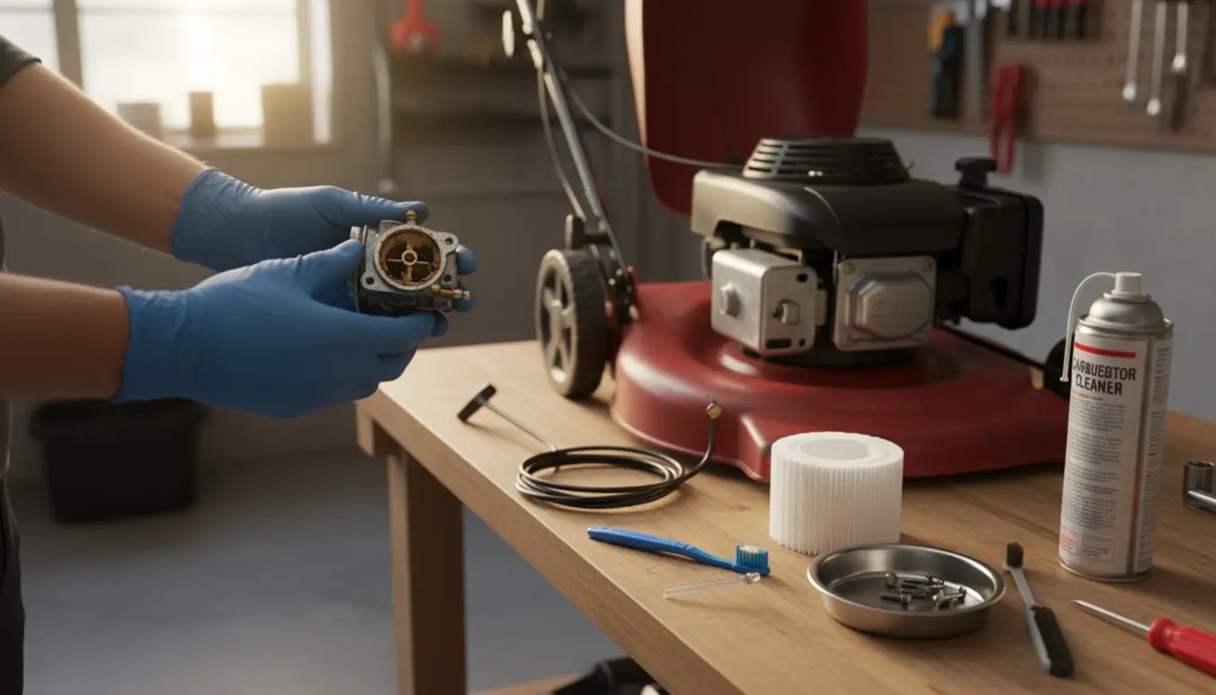 Klippo Comet S plæneklipper med åben motor, hvor en tekniker rengør karburatoren ved et værkstedsbord.
