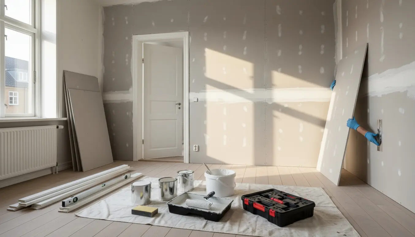 Gipsvægge i en Vesterbro-lejlighed under istandsættelse med værktøj og materialer i naturligt lys.