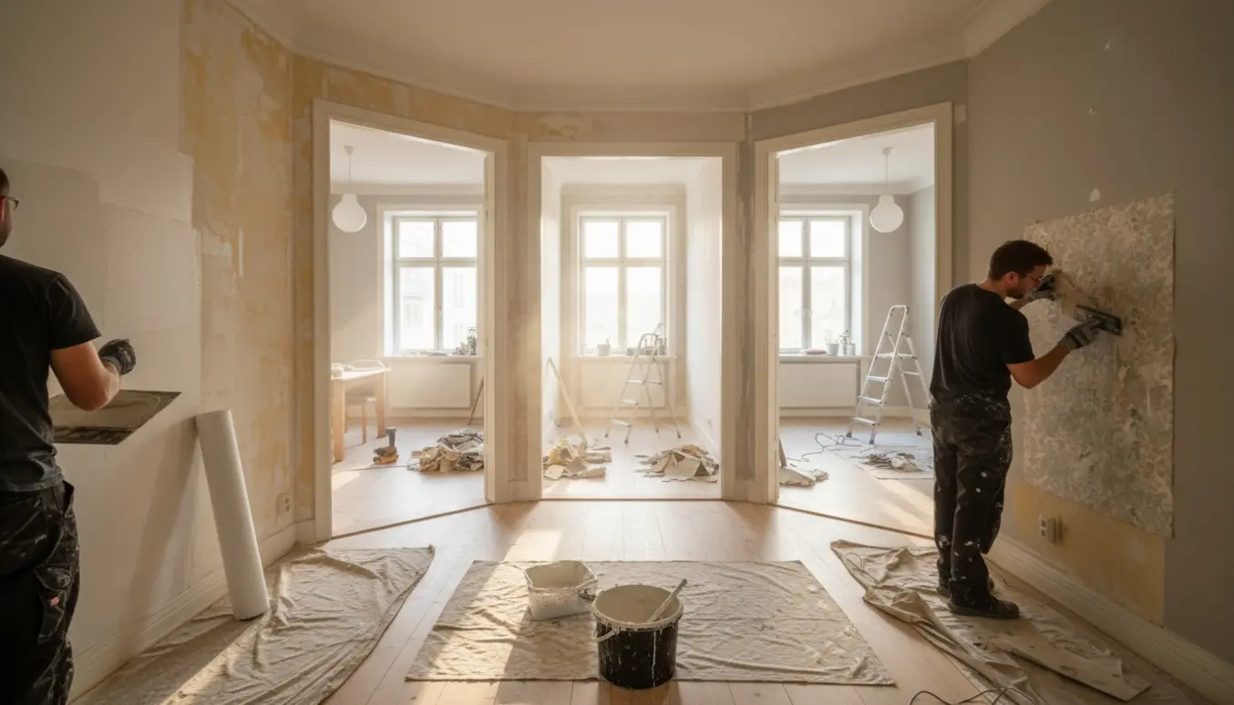 Håndværkere fjerner gammelt tapet og fuldspartler vægge i lyse, sammenhængende rum klar til opsætning af filt.