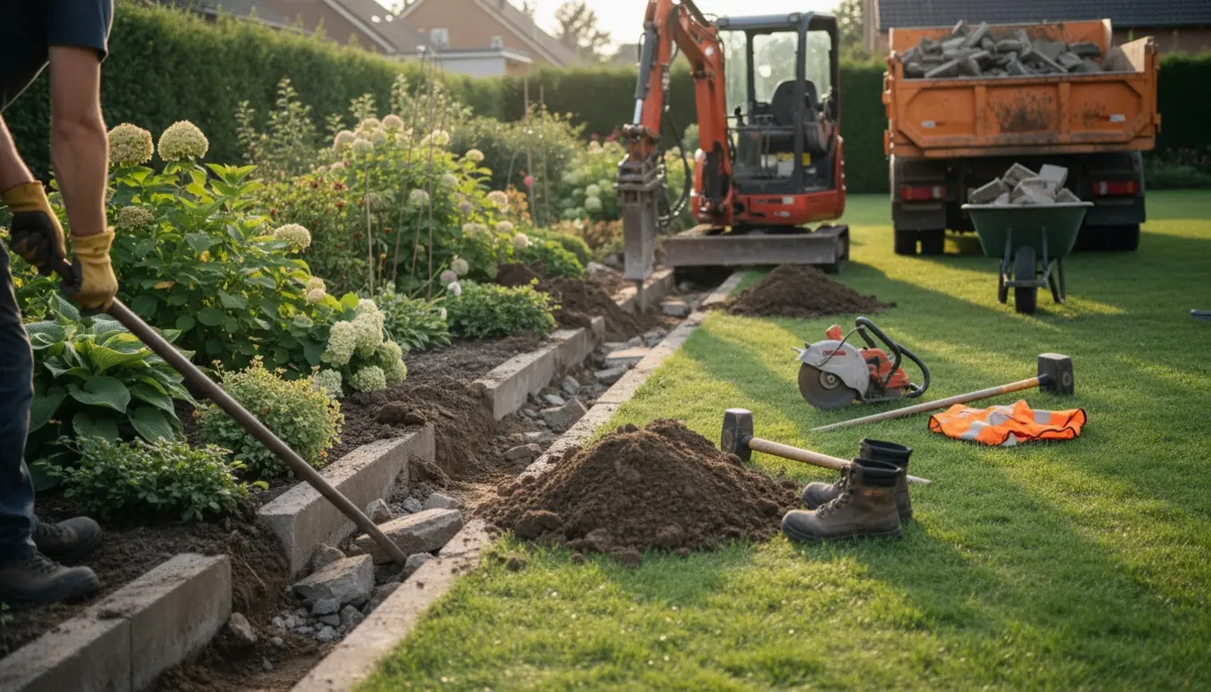 Udgravet betonkant langs græsplæne og blomsterbed med maskine og bunker af beton klar til afhentning.