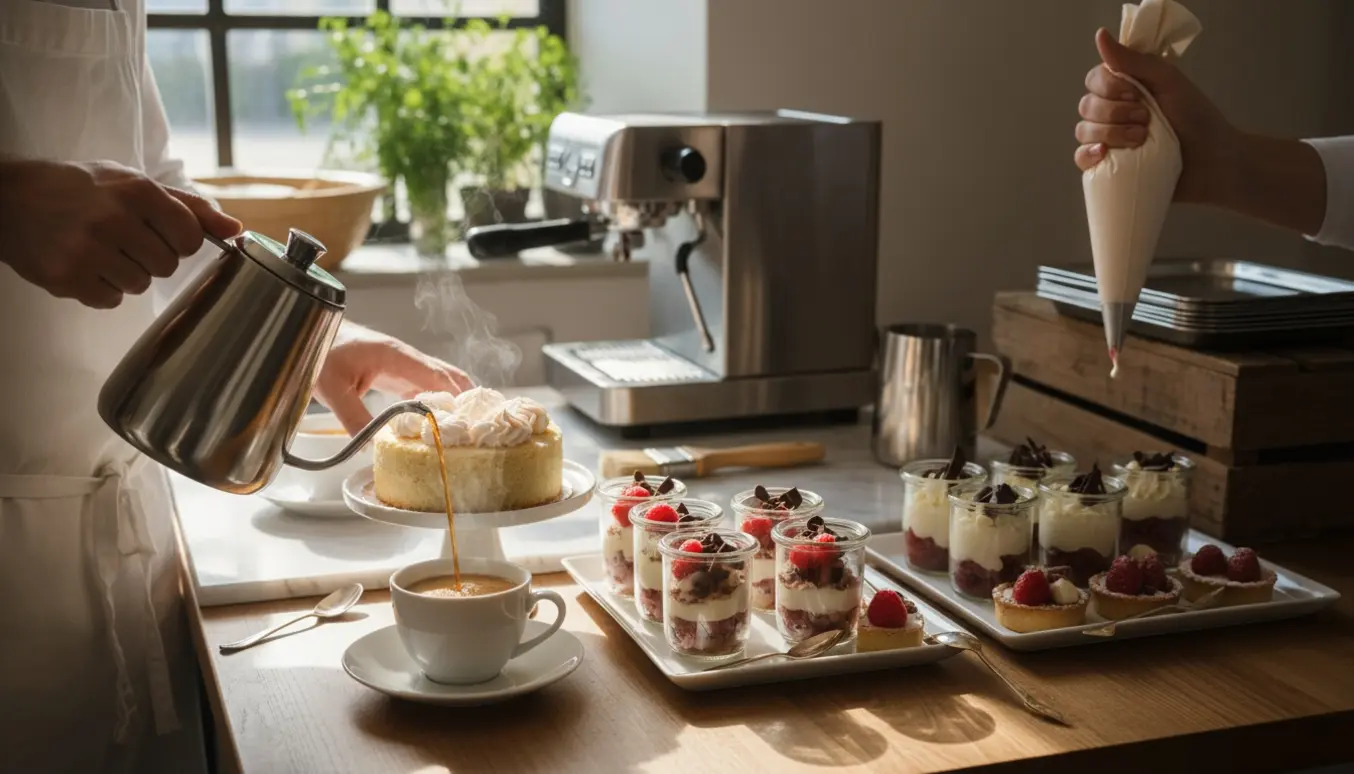 Hænder brygger kaffe og pynter små portionsanrettede kager og desserter på et lyst buffébord.