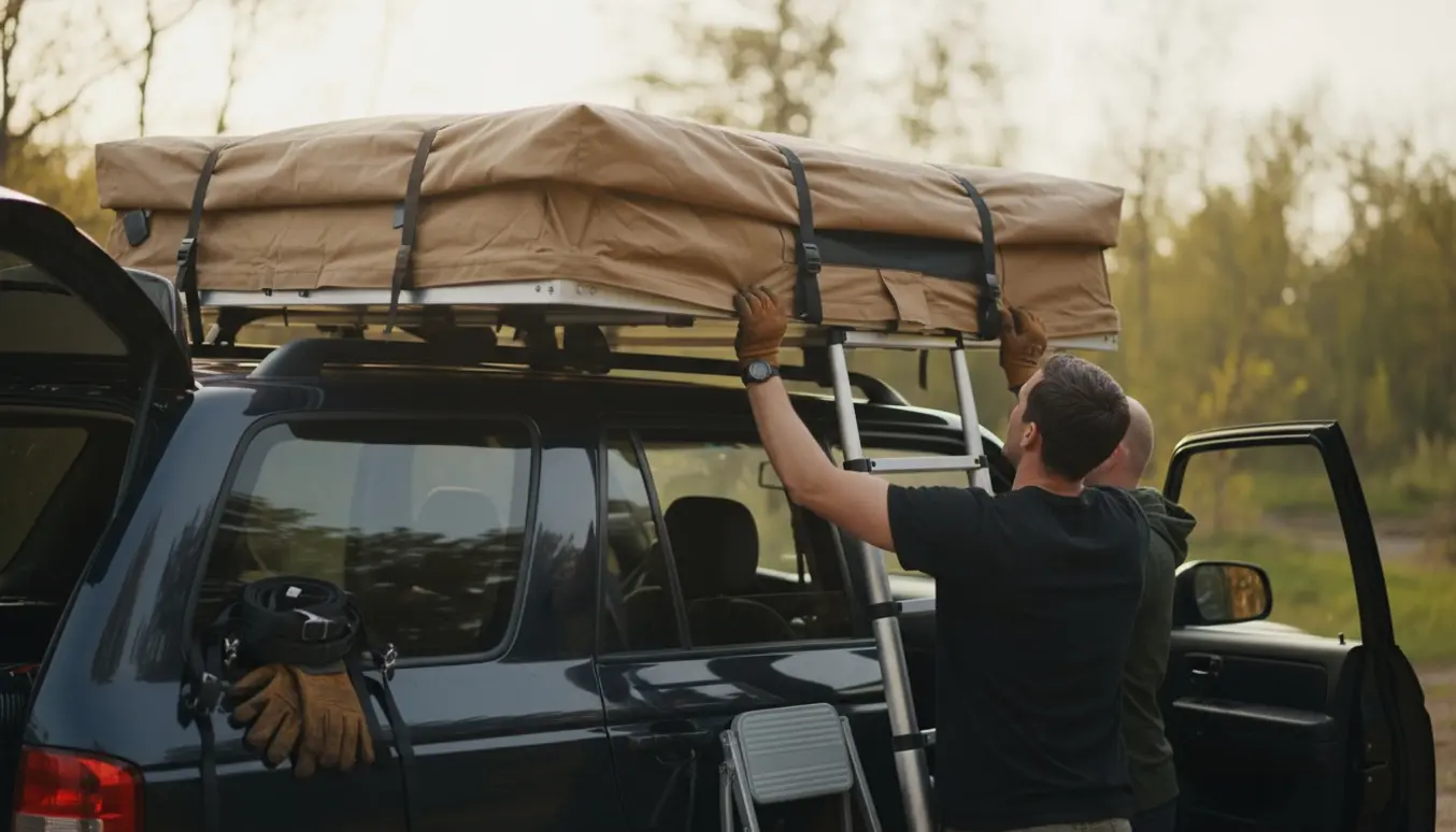 To personer løfter et foldet tagtelt op på en bils tagstativ i blødt dagslys.