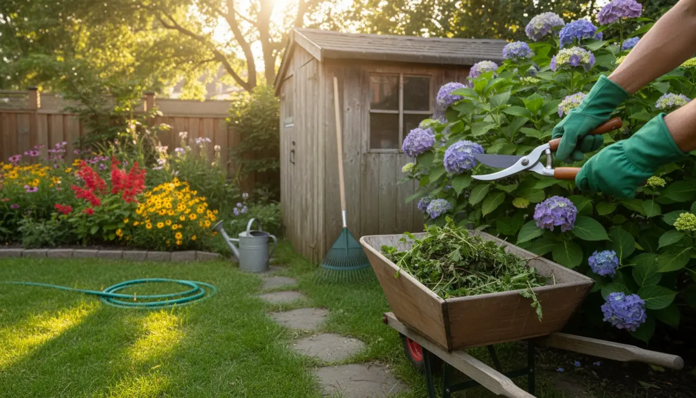 Hænder i handsker beskærer planter og rydder ukrudt i en solbeskinnet have.