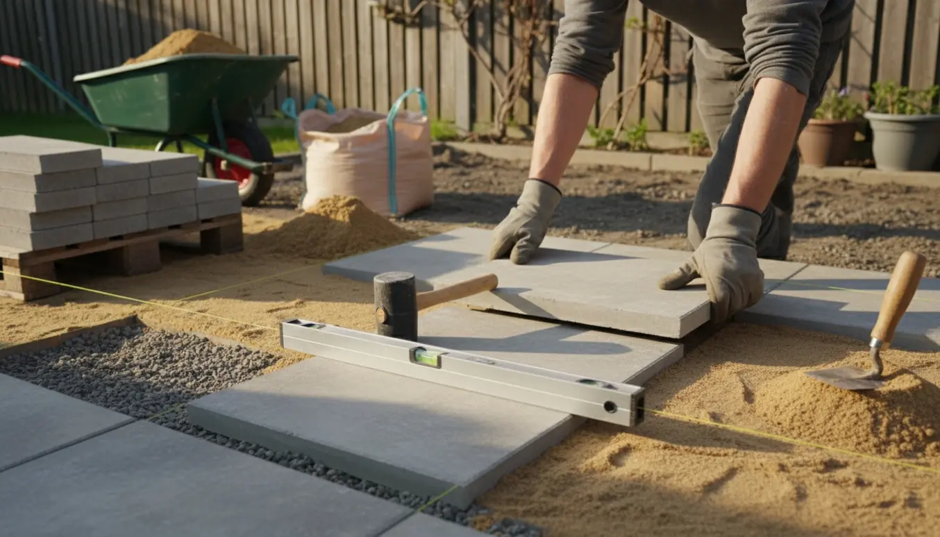 Nærbillede af fliselægning i have, hvor en flise sættes på sand over stabilgrus med værktøj og stak fliser ved siden af.