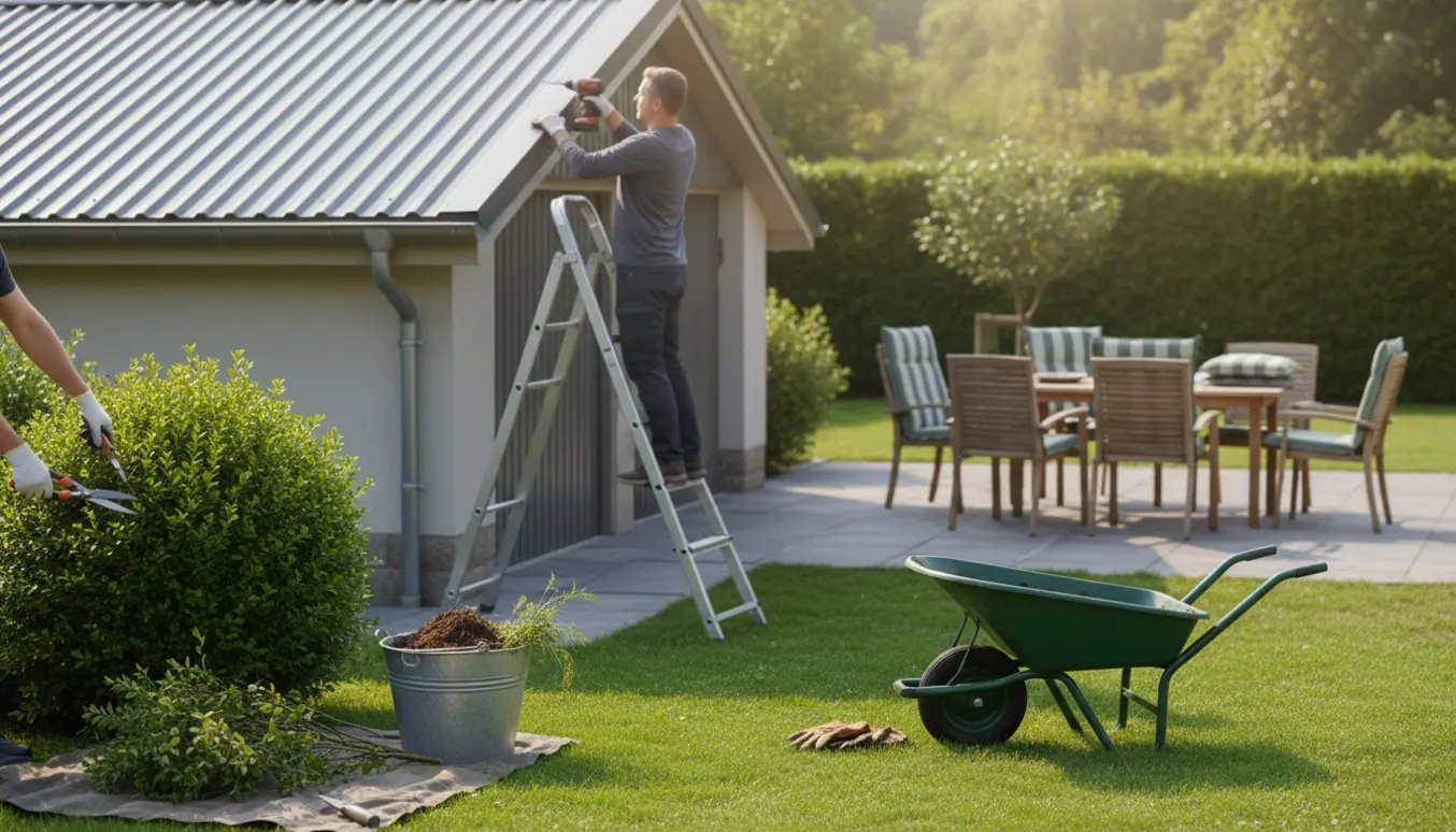 En person monterer en metal tagplade på en garage, mens buske klippes og ukrudt samles op ved terrassemøblerne.