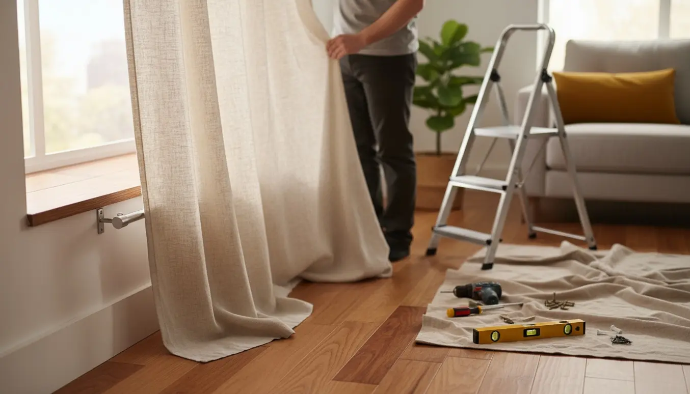 En person hænger gardiner op ved et vindue med stige og værktøj, ansigtet ikke synligt.