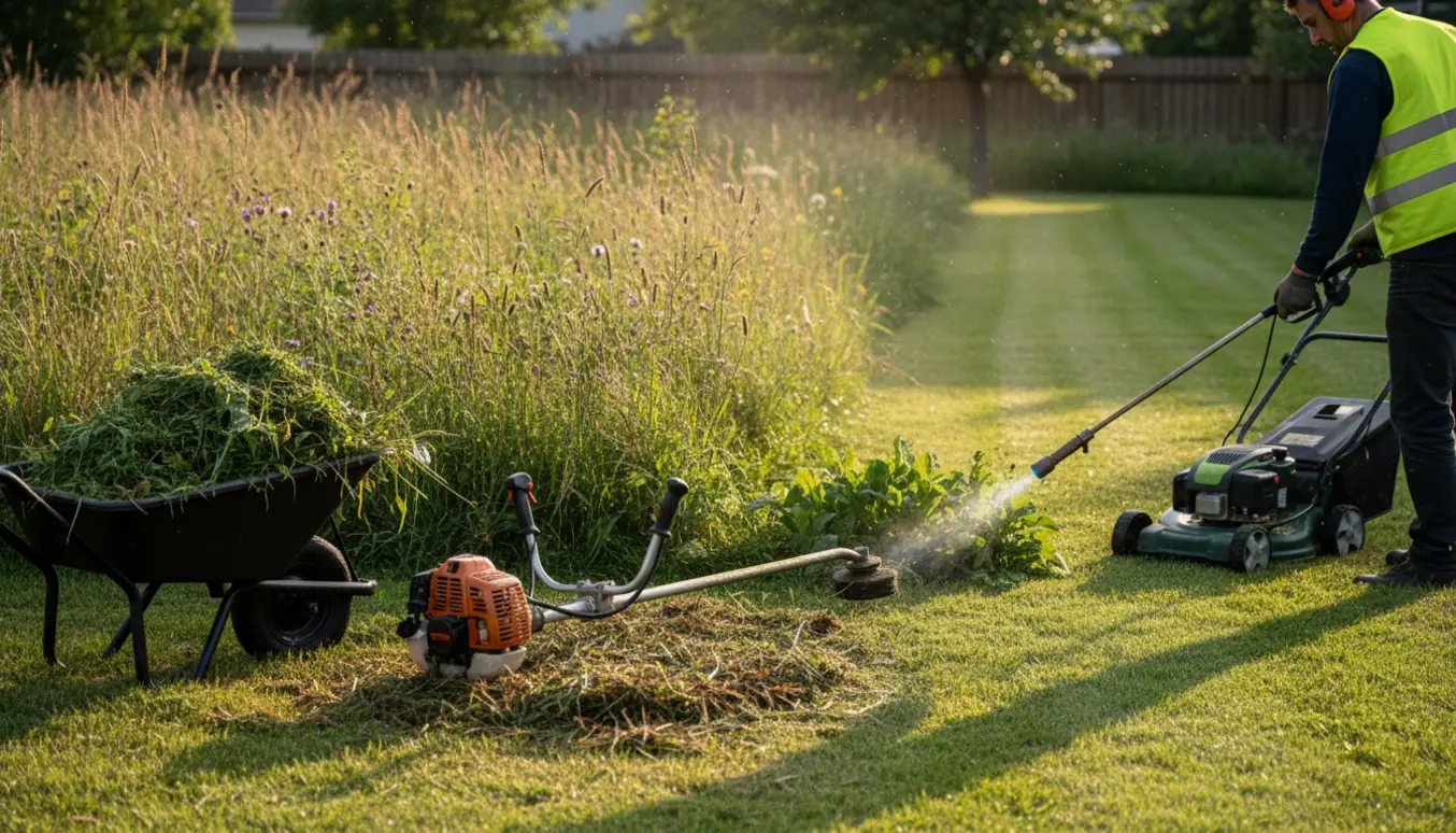 Ryddet have med ukrudt og nyslået græs, buskrydder og plæneklipper i forgrunden.