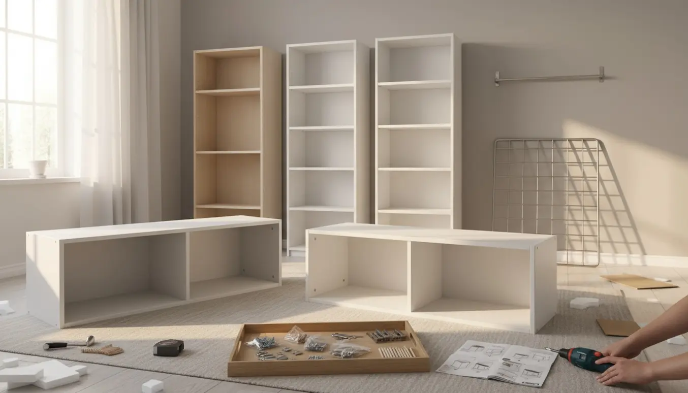 Delvist samlede hvide IKEA-reoler og et skab på trægulv med værktøj og et rustfrit stål væggitter klar til montering.