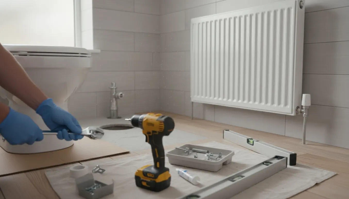 Håndværker uden ansigt udskifter toilet og monterer radiator i et lyst badeværelse på 1. sal.