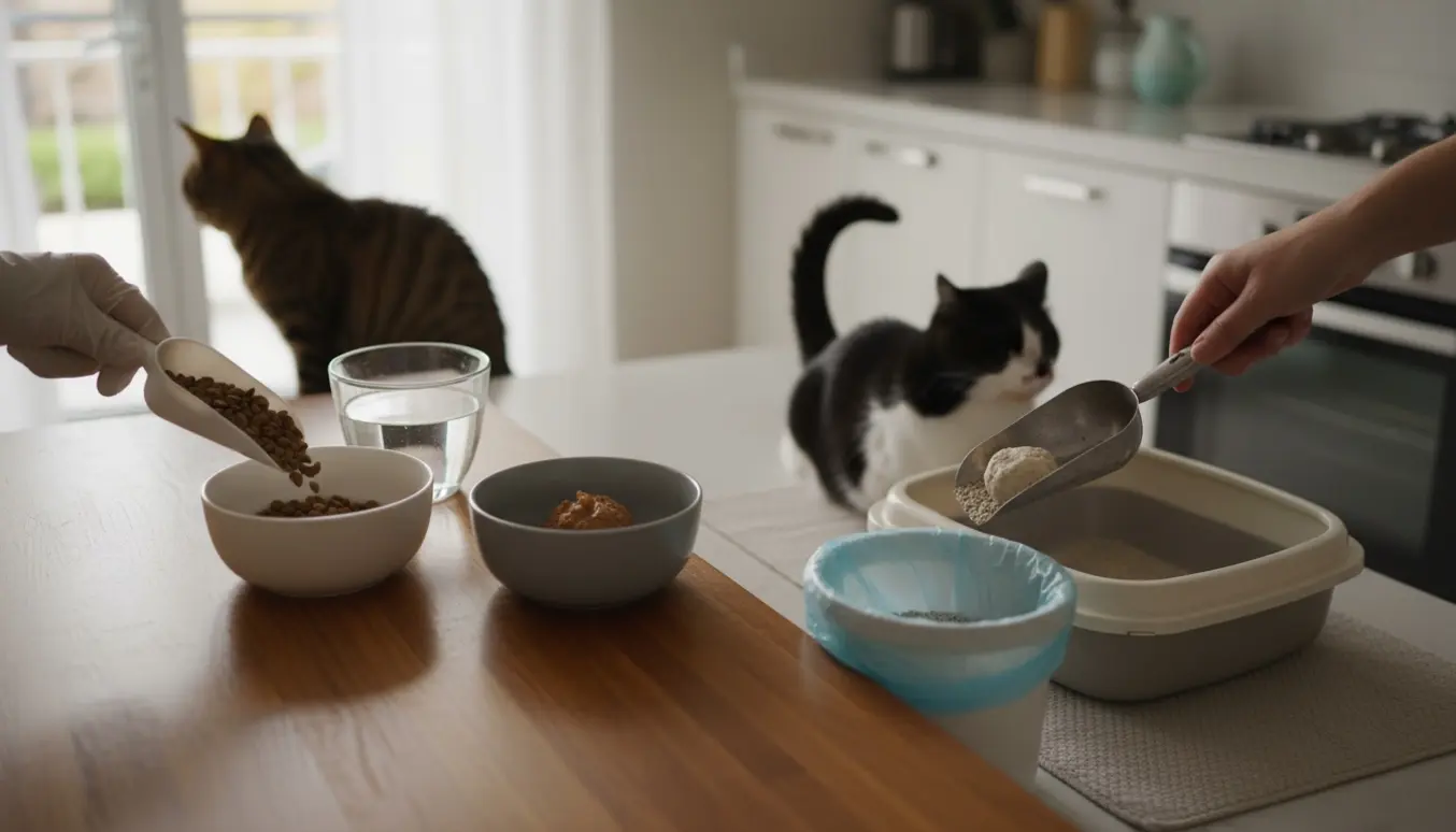 To katte ved madskåle mens en handskerklædt hånd skovler kattegrus i et lyst køkken.