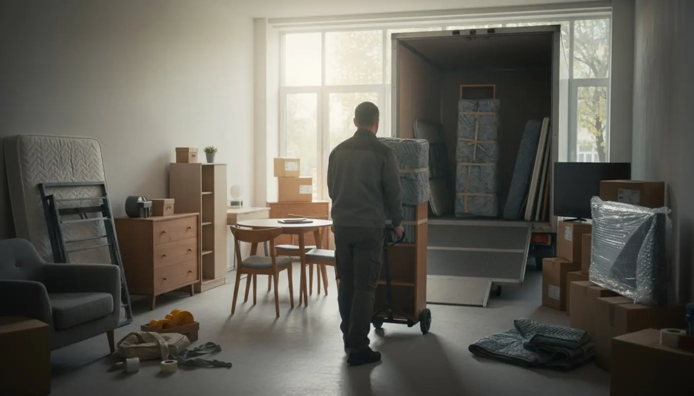 Flyttevogn og lejlighed med høje reoler, senge, kommoder, et rundt spisebord, to tv og stabler af flyttekasser.