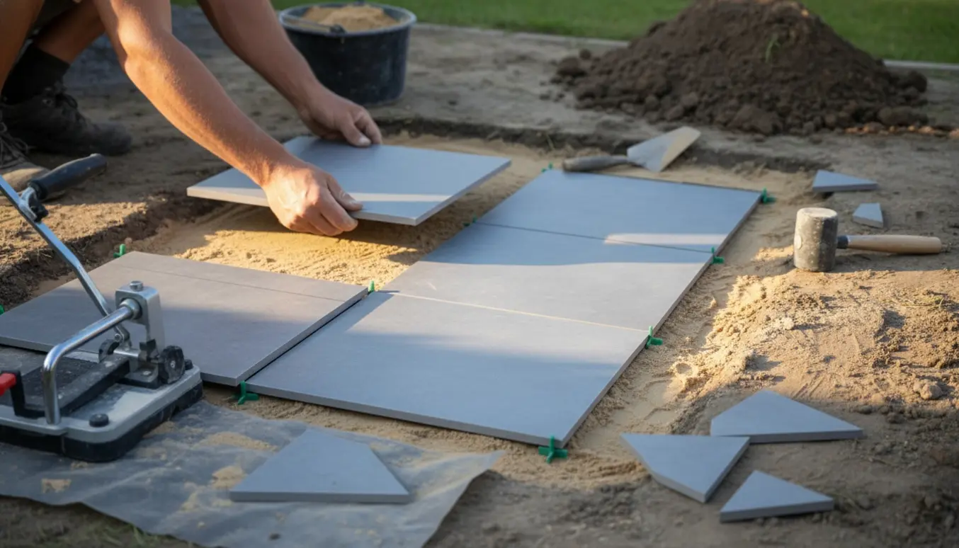Delvist belagt fliseareal på ca. 1,5 x 1 m med 42x42 cm fliser, fliseskærer og sand.