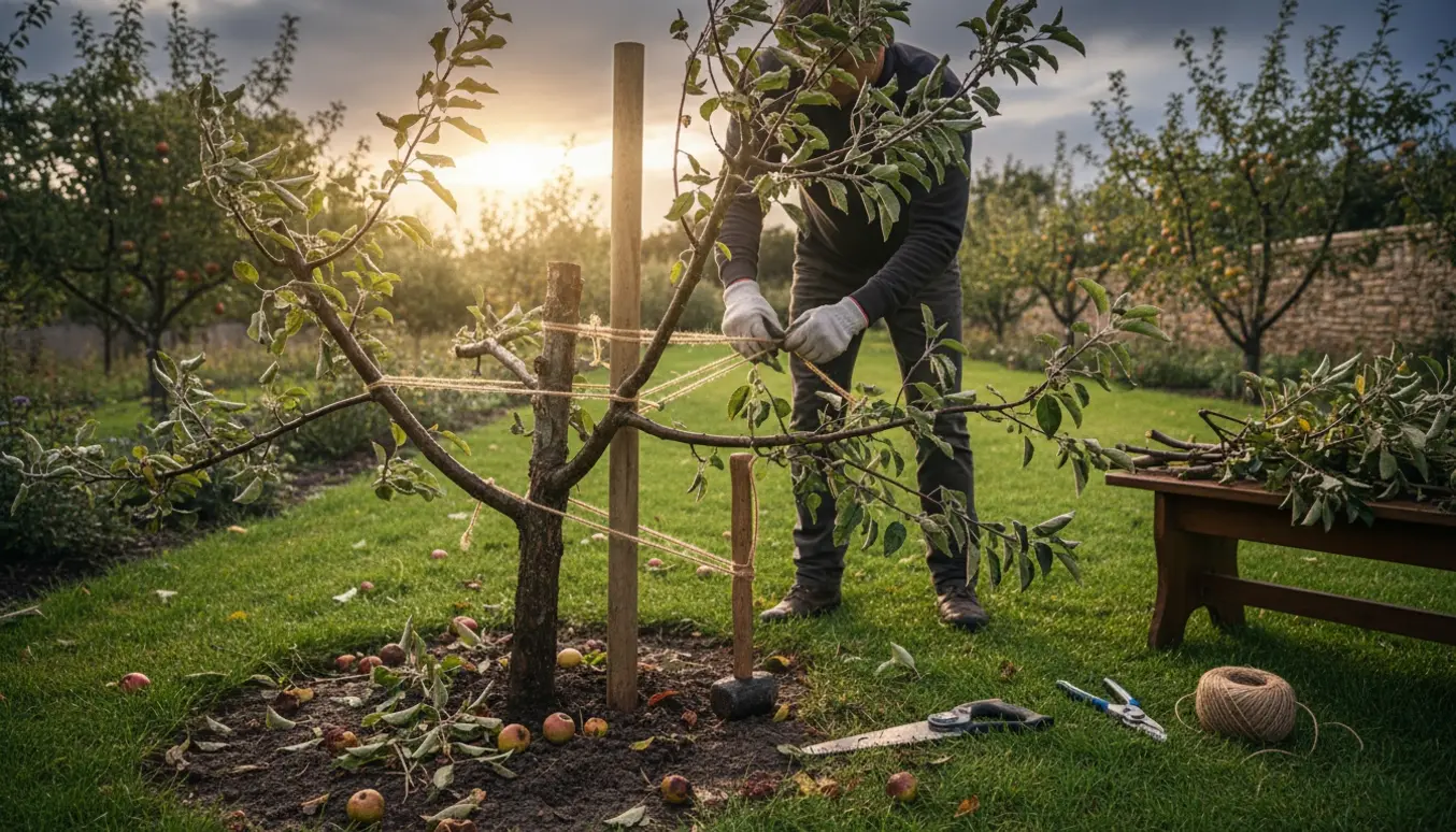 En haveejer retter et væltet æbletræ og fastgør det til en træpæl med rebstropper i en solbeskinnet have.