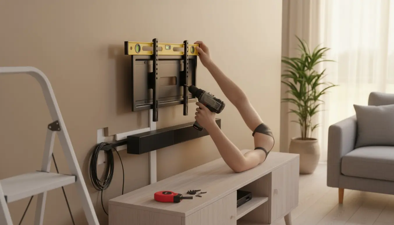Nærbillede af hænder, der monterer et fladskærms-tv og en soundbar på en væg i en moderne stue.