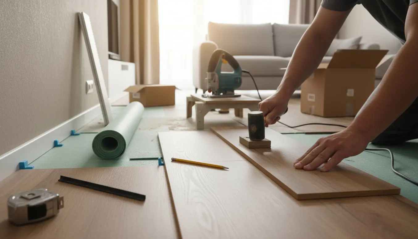 Hænder installerer og tilskærer klikgulv i en lys lejlighed med værktøj og underlag.
