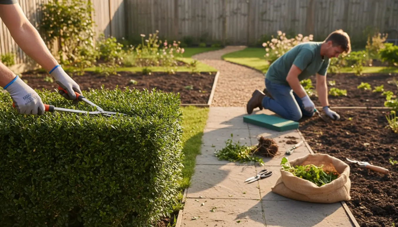 Hækkeklipning og lugning i en have med handsker, hækkesaks og opsamlet hækklip.