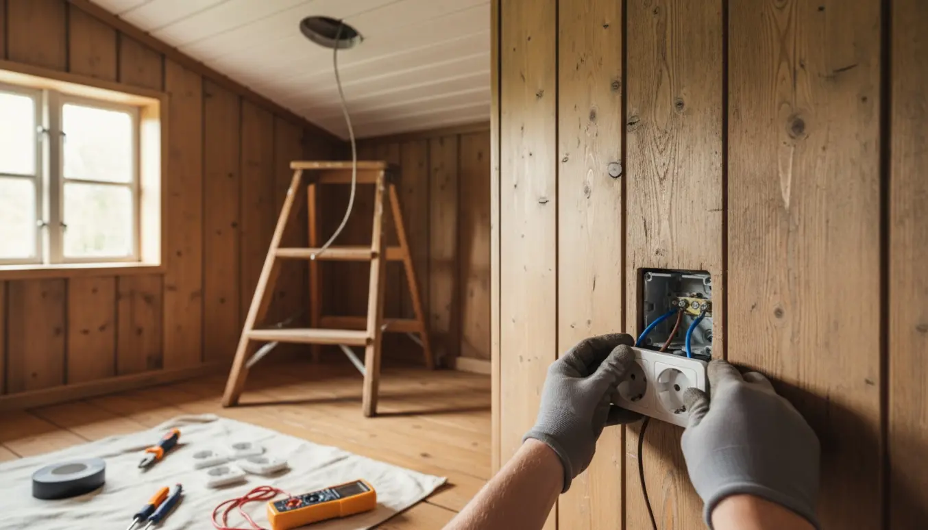 Hænder installerer fire nye stikkontakter i et træbeklædt kolonihavehus med et åbent loftudtag til lampe.