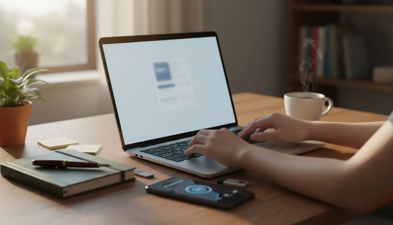 Hænder ved en bærbar og smartphone på et skrivebord, der illustrerer genoprettelse af adgangskoder til et website.
