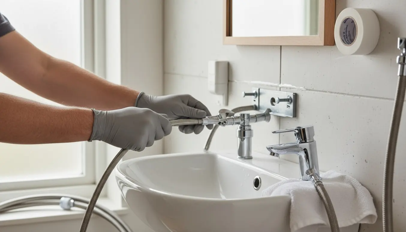 Nærbillede af hænder, der installerer et lille væghængt håndvask i et lyst badeværelse.