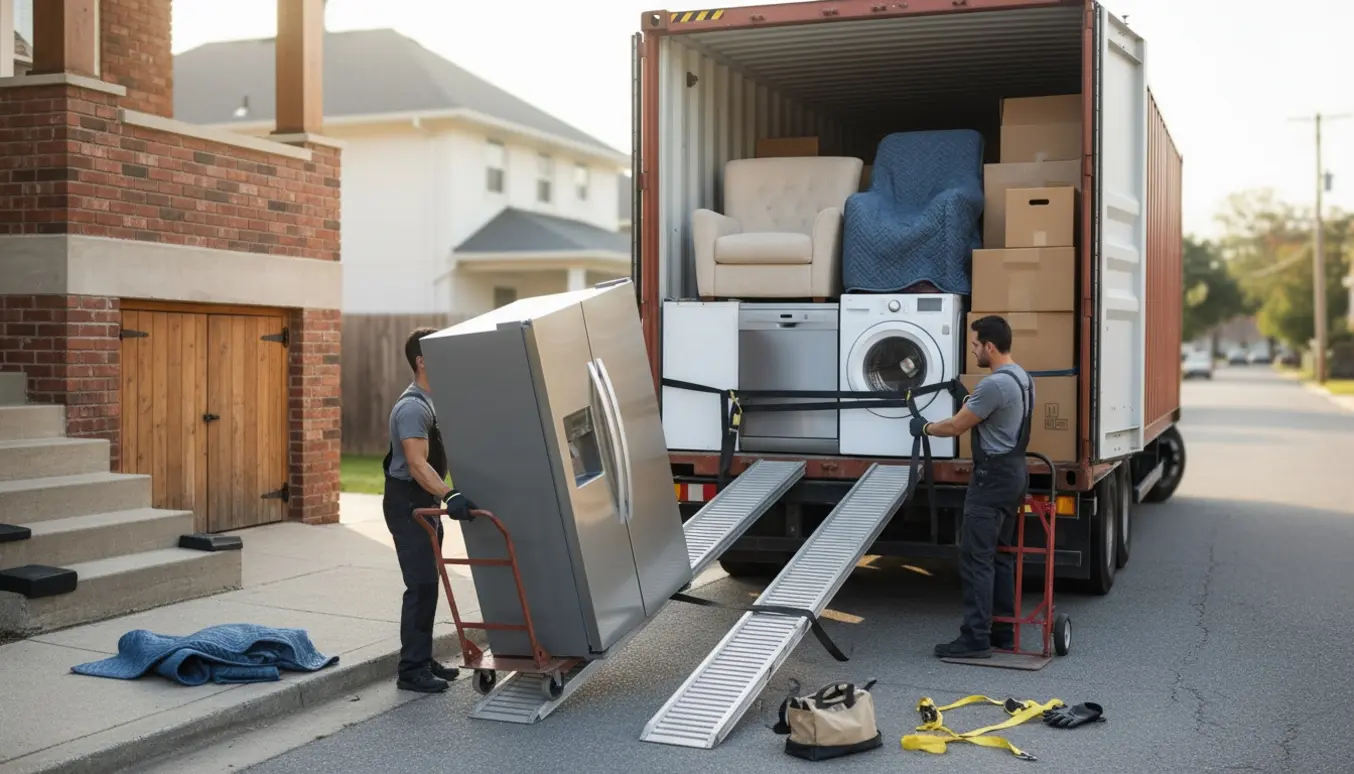 To flyttemænd læsser køleskab, vaskemaskine og møbler ind i en container på gaden.