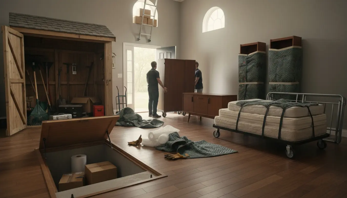 Flyttefolk fjerner garderobeskab, skænk, reoler og senge og rydder redskabsskuret samt kælder og loft i en fraflyttet bolig.