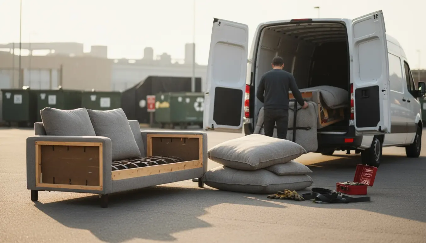 Adskilt sofa i tre dele ved en åben flyttevogn klar til aflevering til genbrug.