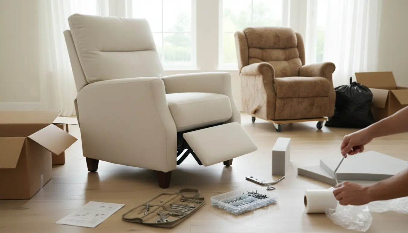 Delvist samlet ny hvilestol i en lys stue med værktøj på gulvet og en slidt gammel hvilestol klar til bortskaffelse.