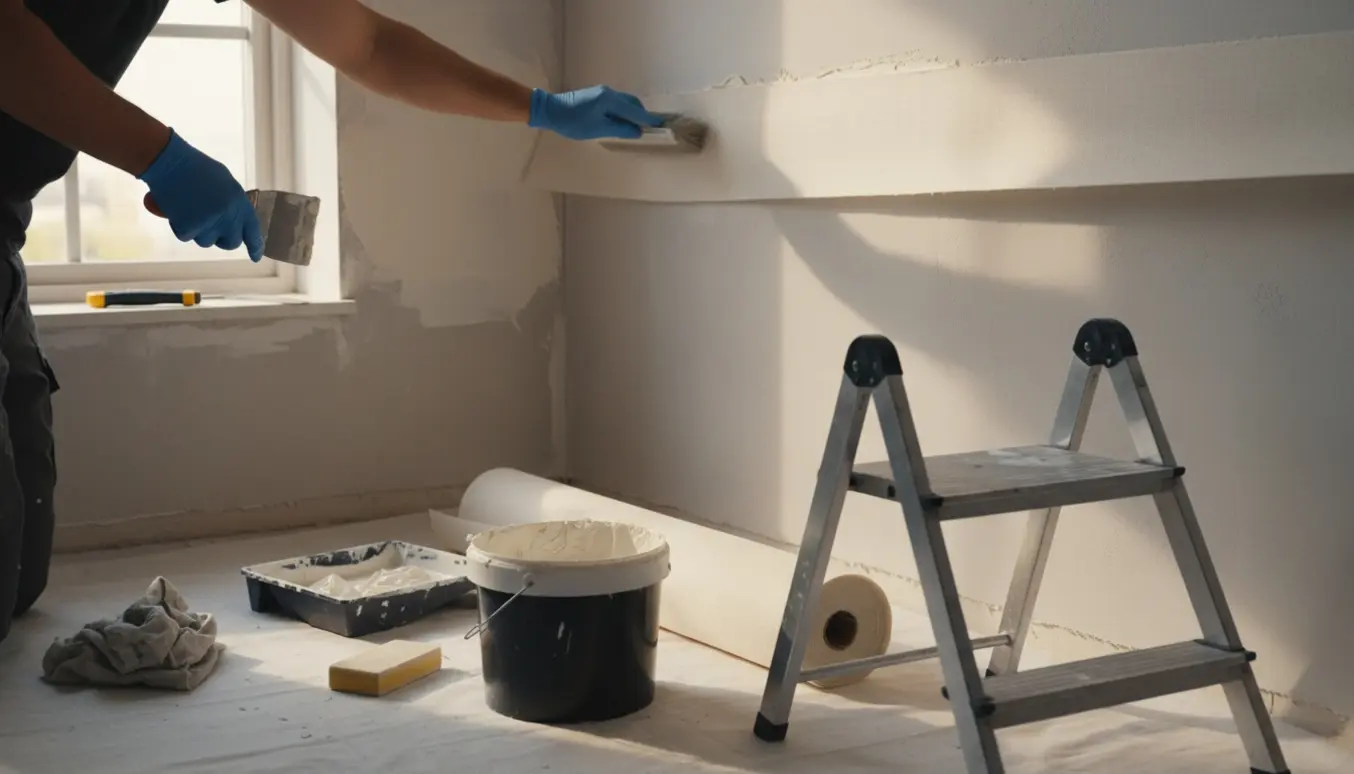 Nærbillede af spartling og opsætning af filt på nypudset væg med værktøj i et lyst rum.