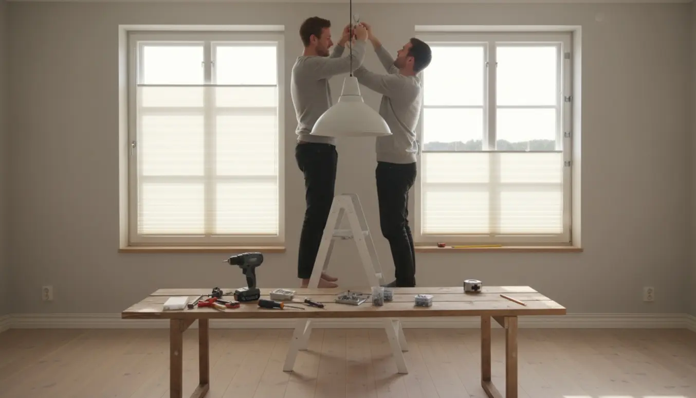 Hænder monterer en loftslampe fra en stige, mens to plissérullegardiner er ved at blive opsat i et lyst rum.
