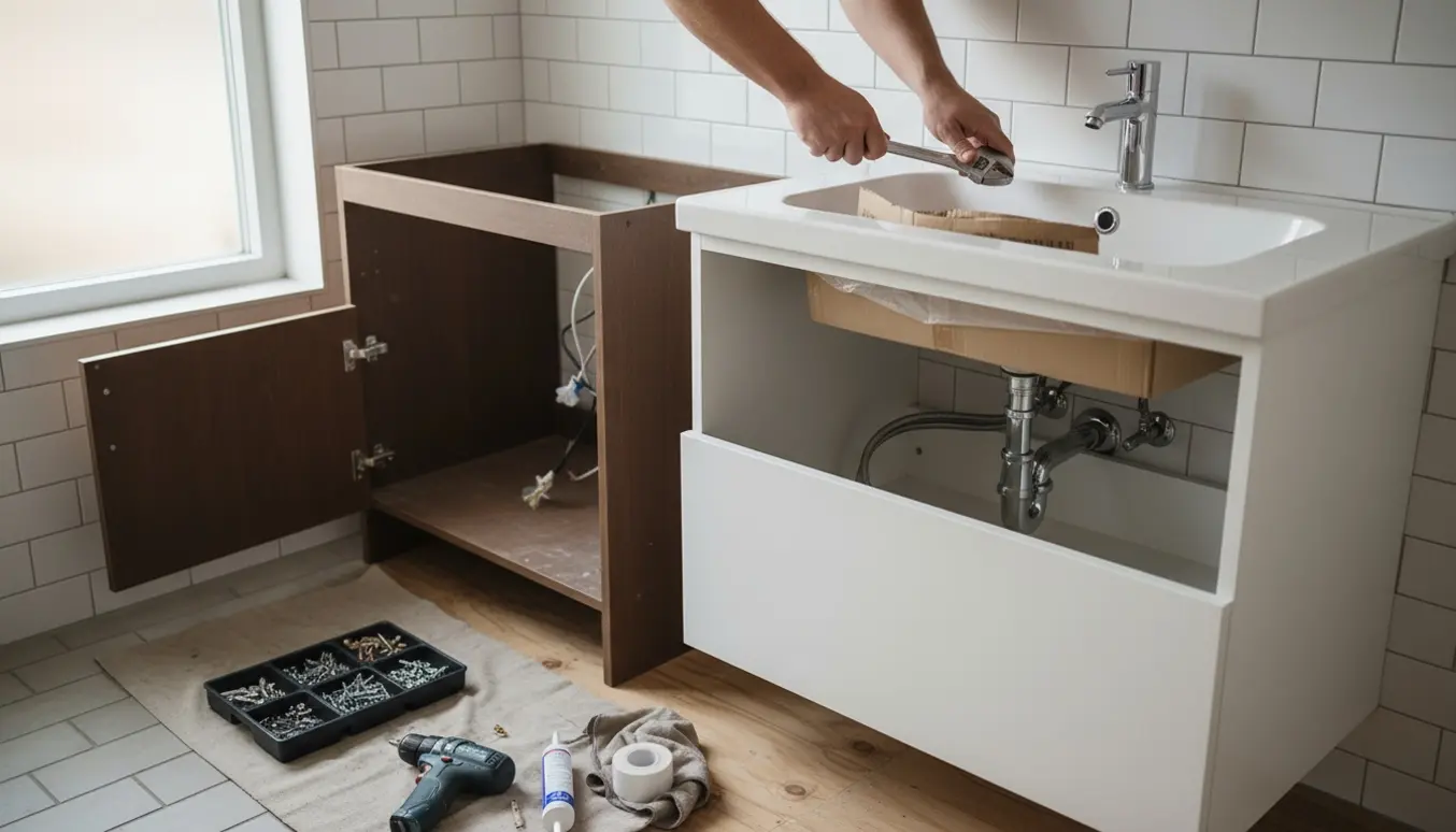 Ny hvid skabshåndvask under montering i badeværelse med værktøj og afmonteret skab til venstre.