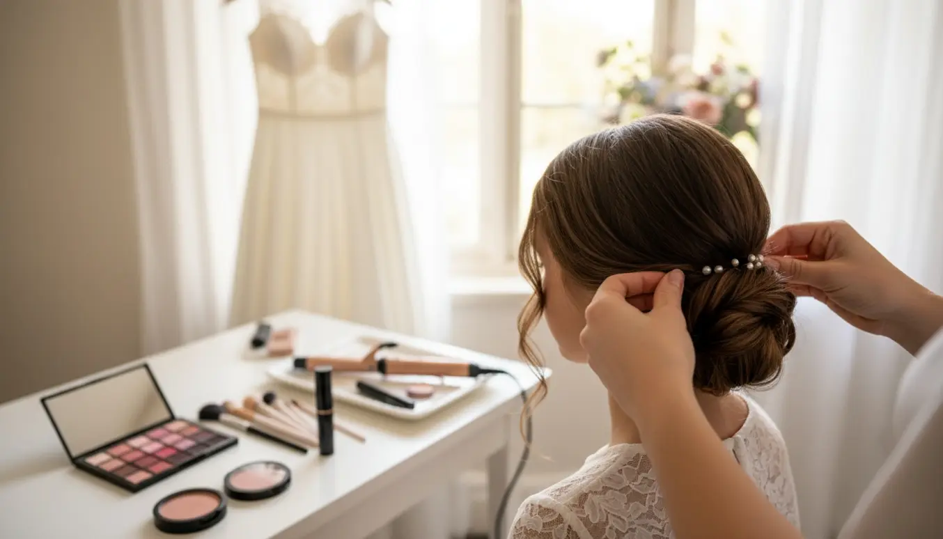 Stylist sætter hår og lægger makeup på en konfirmandinde i et solfyldt sminkerum.