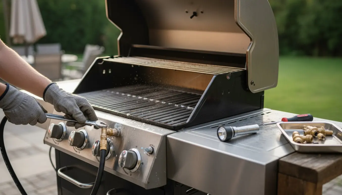 Nærbillede af en gasgrill med åbent låg, hvor hænder tester slangeforbindelsen med sæbevand og værktøj.