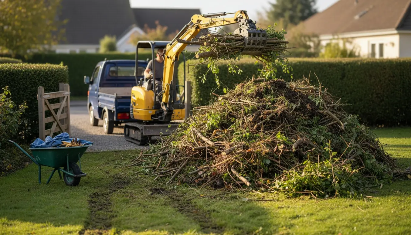 Stor bunke haveaffald med minigravemaskine og trailer klar til bortkørsel i en villahave.