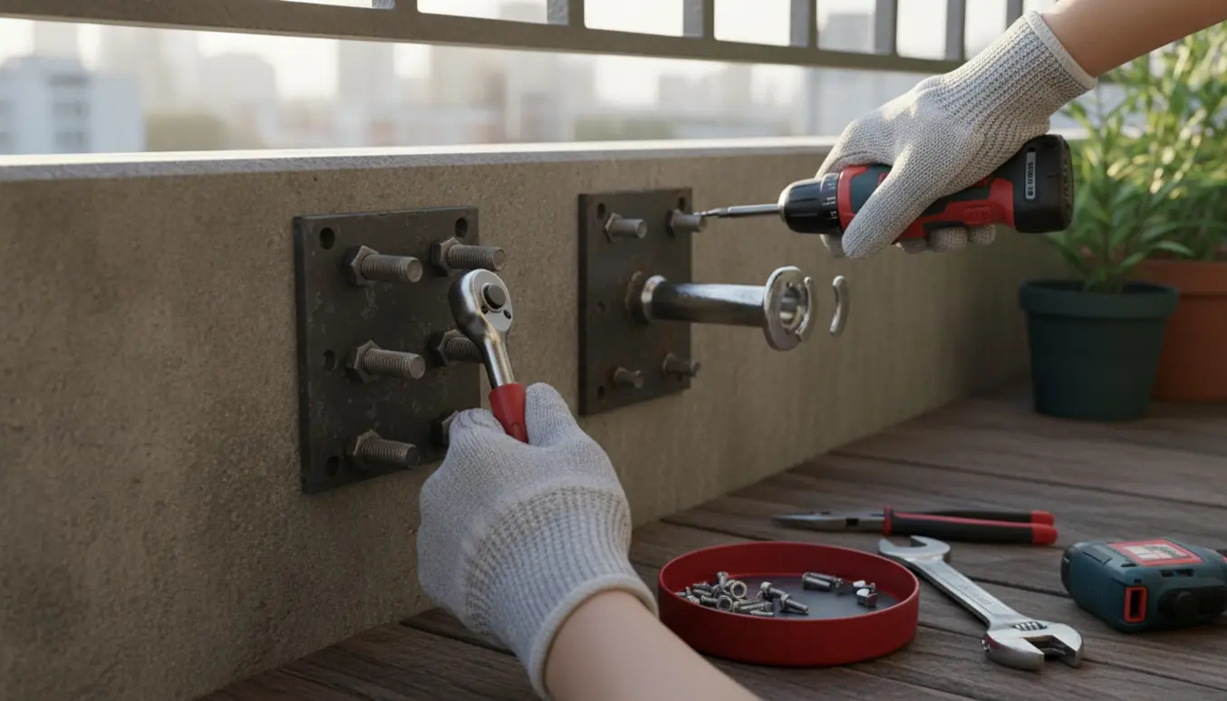 Nærbillede af handsker og værktøj, mens beslag og vandslangeholder afmonteres fra en altan.