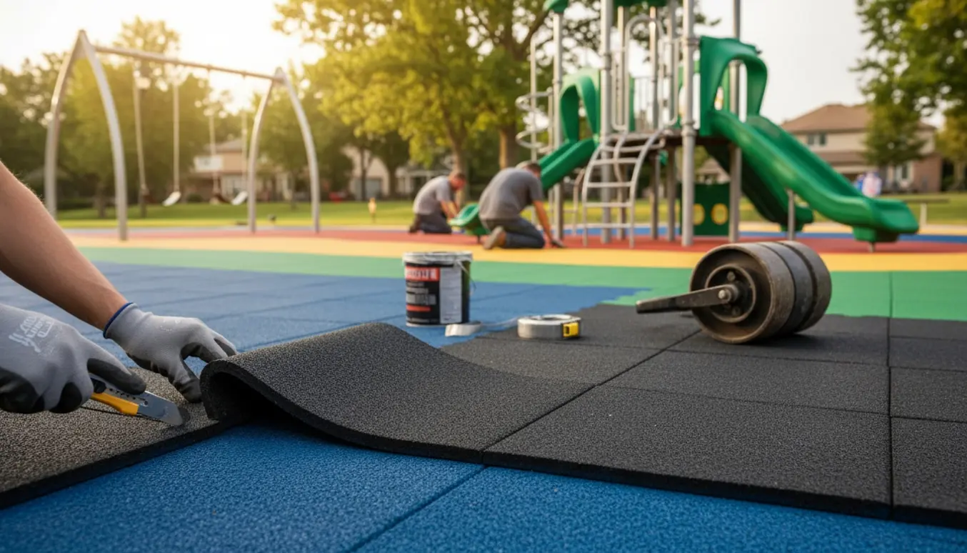 Installatører lægger gummibelægning omkring en ny legeplads for sikkert faldunderlag.