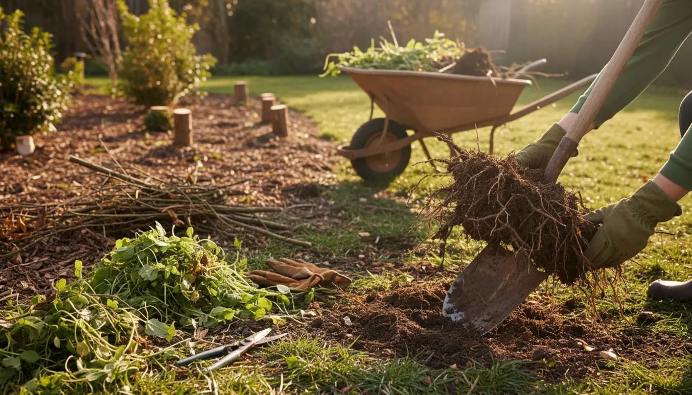 Opgravet busk med nøgne rødder, beskæresaks, trillebør og bunke fjernet ukrudt i en solrig baghave.