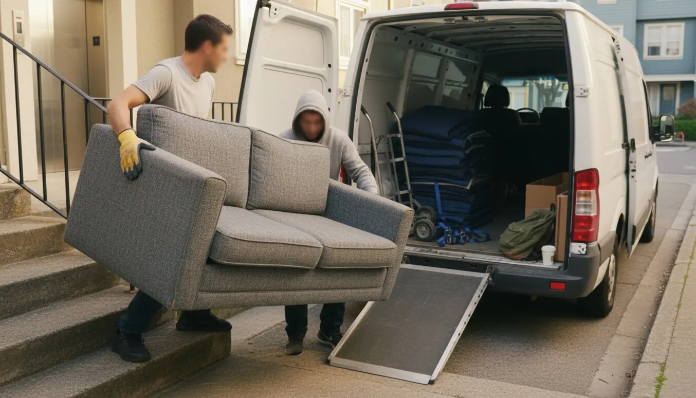 To personer bærer en sofa ned ad en udendørs trappe mod en ventende varevogn med flytteudstyr.