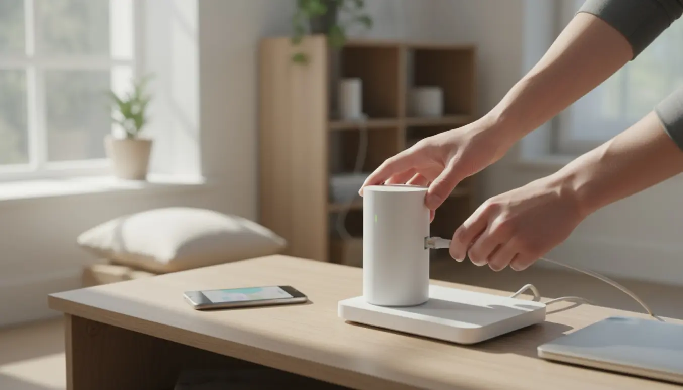 Hænder opsætter en hvid trådløs mesh-forstærker ved siden af en router i en lys stue.