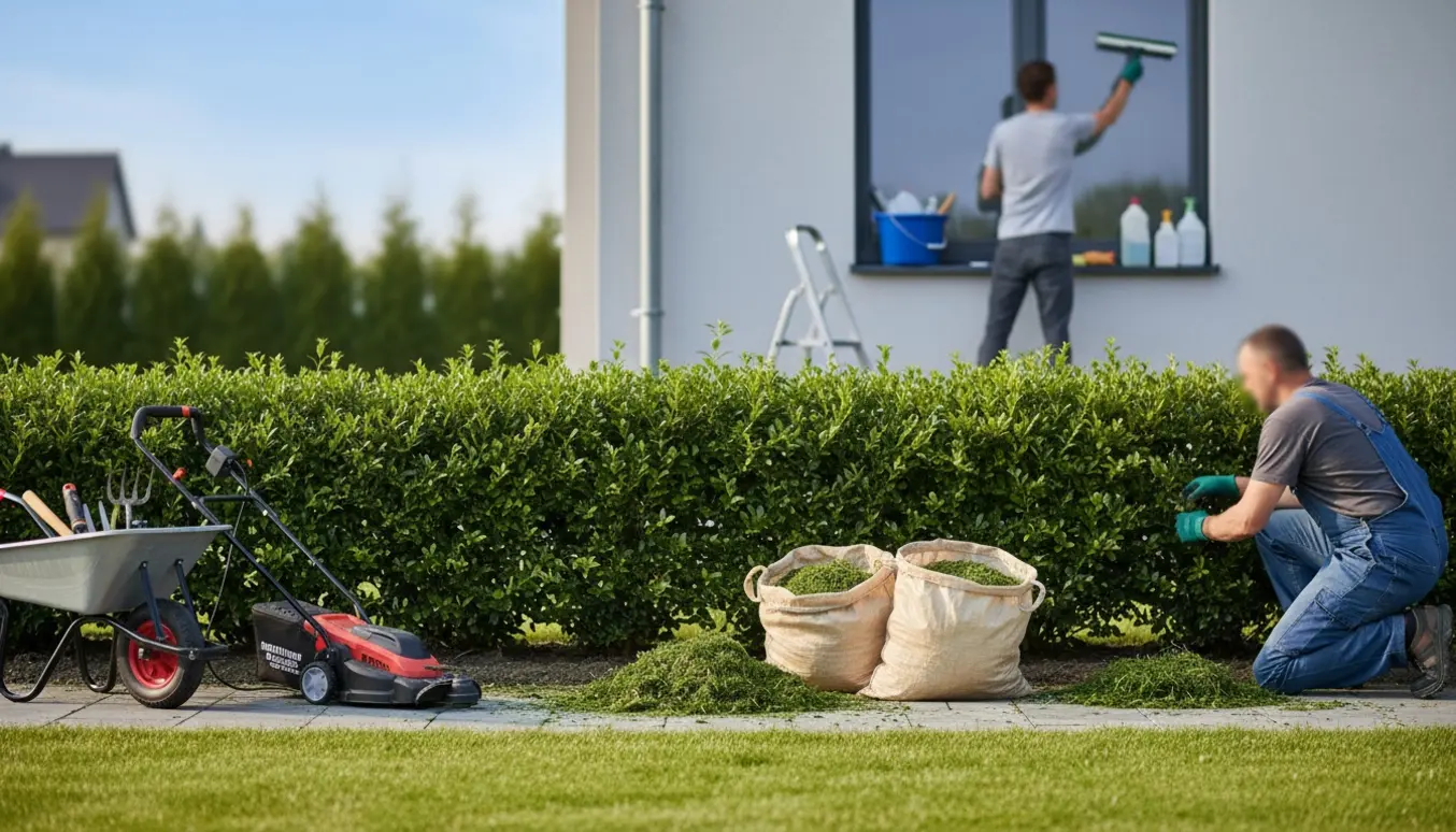 Friskklippet græs langs en lav to-årig hæk med redskaber, sække og vinduespudser i baggrunden.
